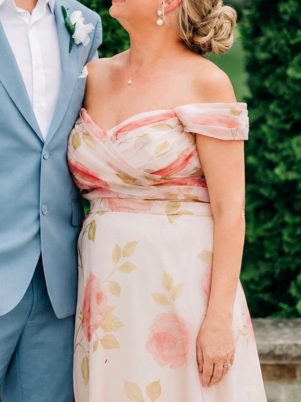 Romantic Off-Shoulder Pink Floral Cream Wedding Dress